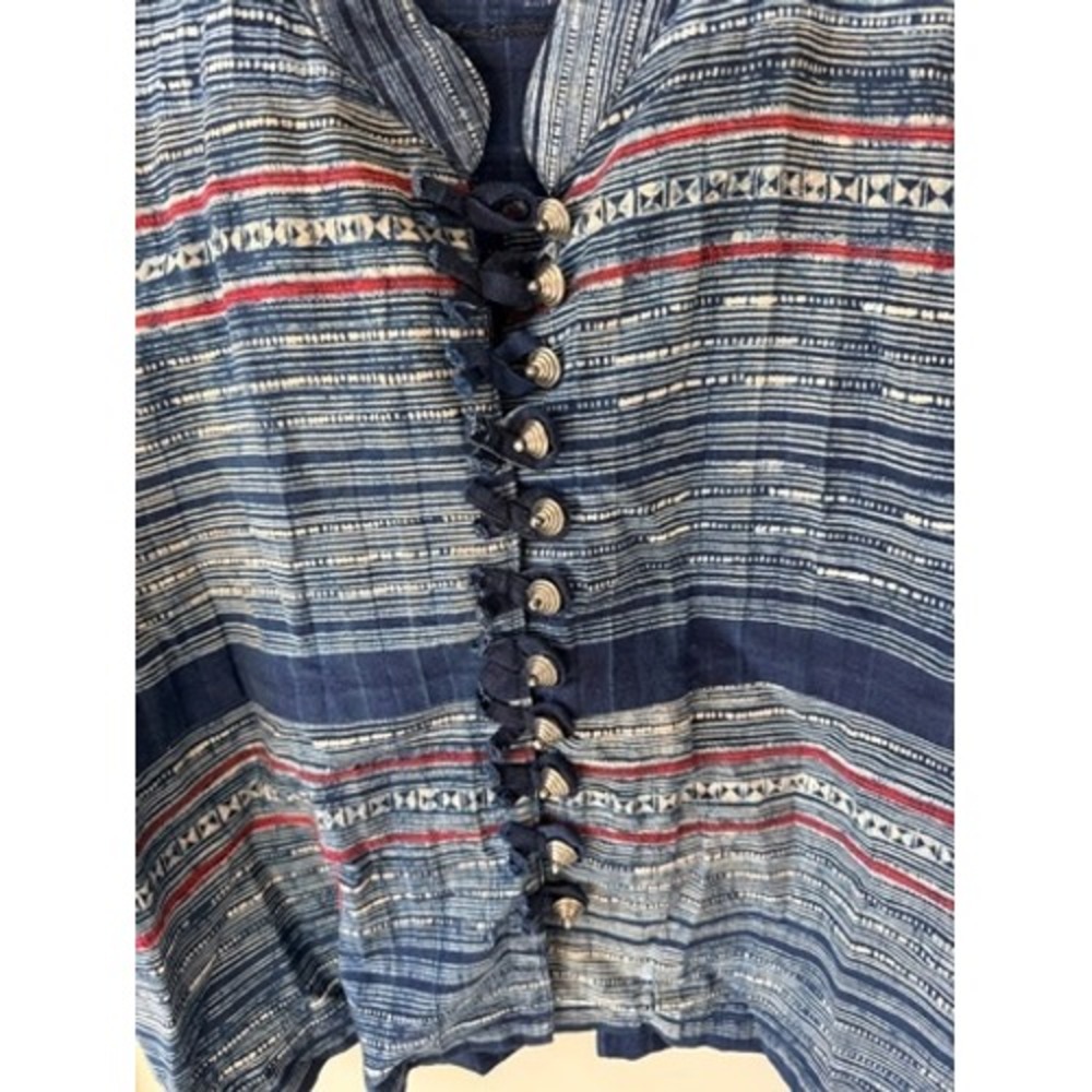 Indigo Cropped Blouse Silver Bell Button Mandarin Collar Boho Top Size Small - Picture 2 of 3